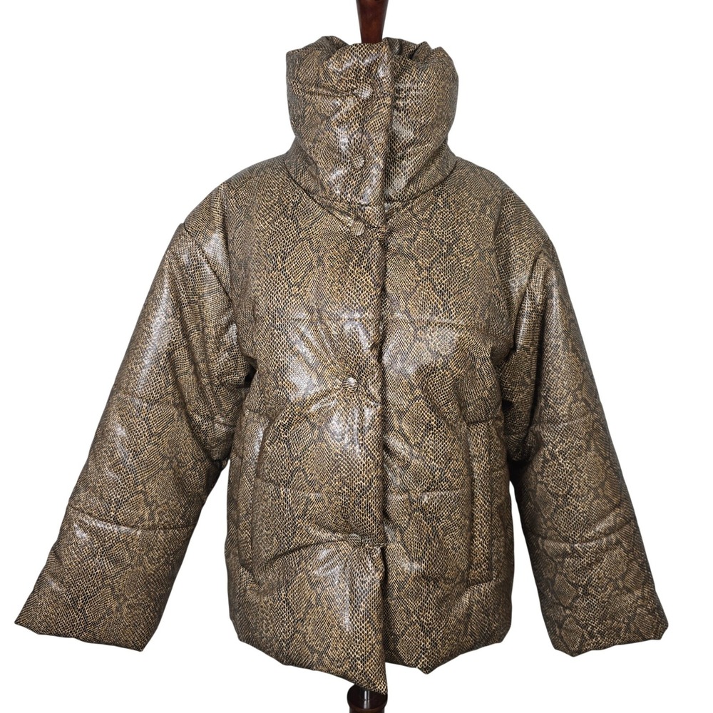 Nanushka Hide Vegan Leather Puffer Jacket Snakeskin Print Brown XS Womens